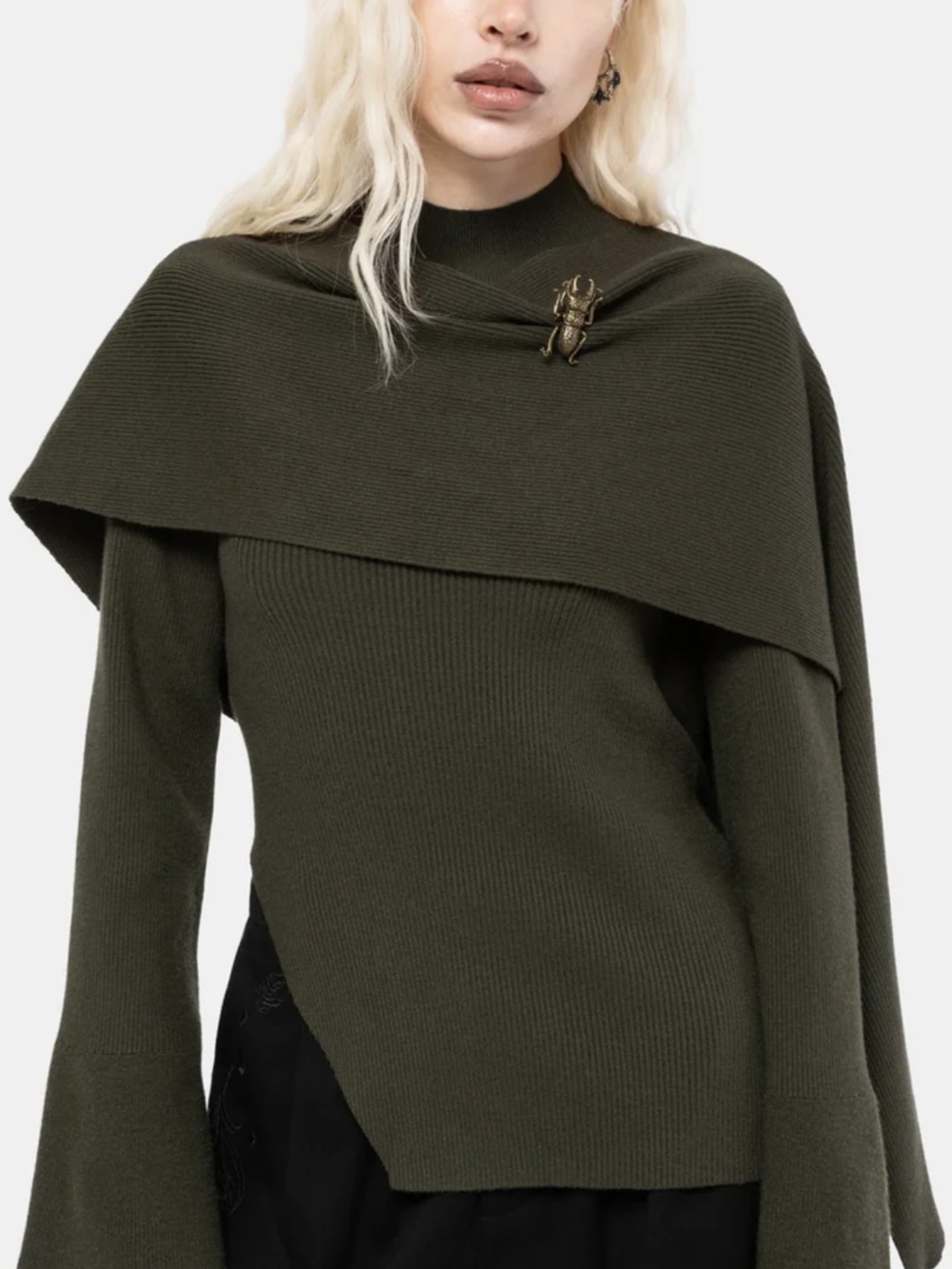 Disturbia Olive Green Ribbed Asymmetric Cowl Sweater